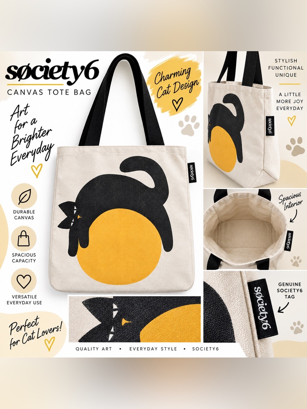 Society6 Black Cat Tote Bag with Cream and Yellow